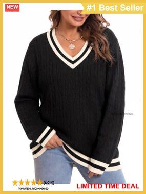 Plus Size Cable Knit V-Neck Pullover Sweater Long Sleeve
